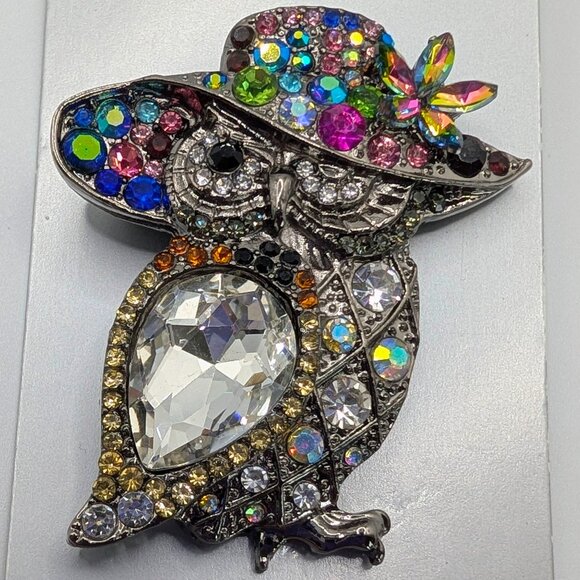 Metal Gallery Jewelry - Metal Gallery Owl Multi-colored Rhinestone Brooch - NWT